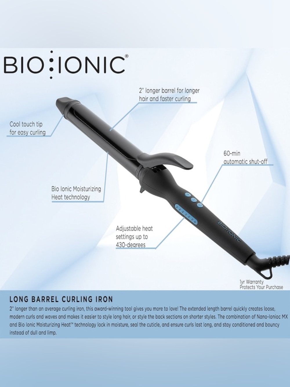 Bio Ionic 1.25" Long Barrel Pro Curling Iron Black with Teal Accents ' NanoIonic - Picture 7 of 12